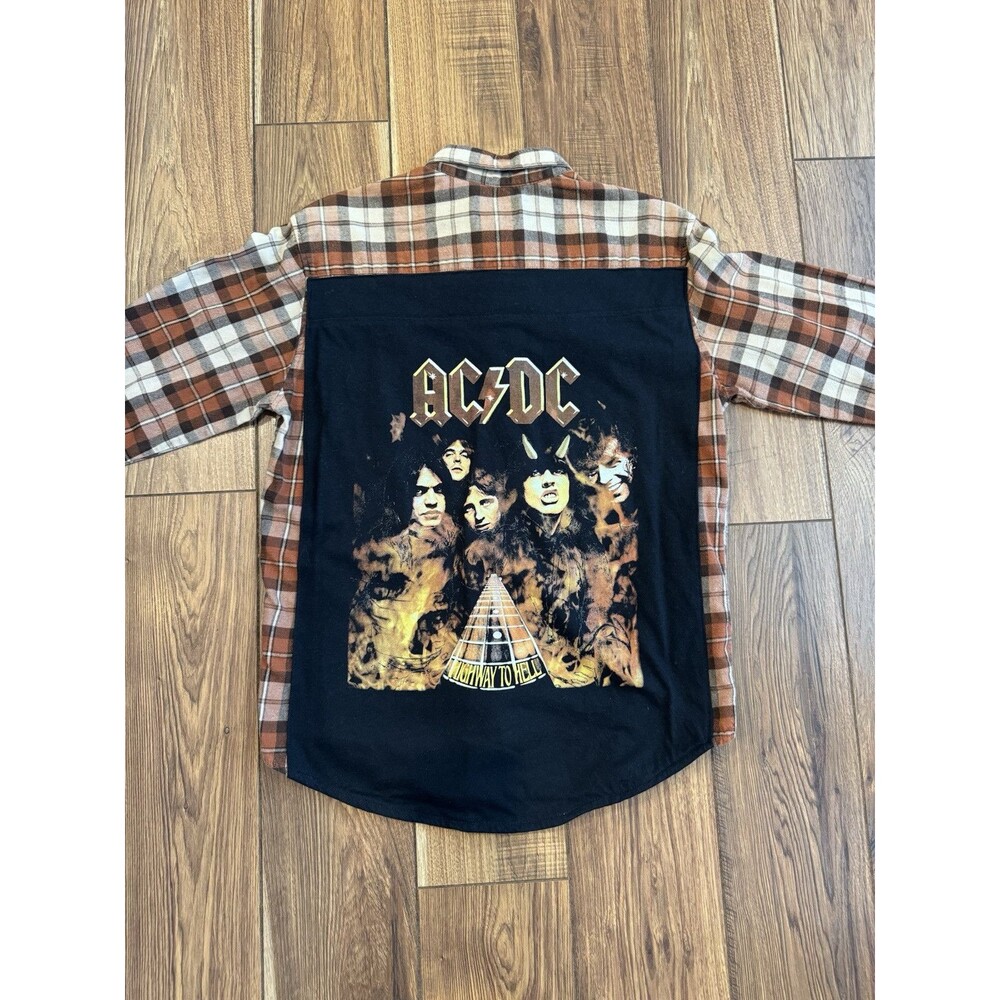 Vintage St Johns Bay Orange Flannel Plaid Shirt Mens Medium With AC/DC Backhit